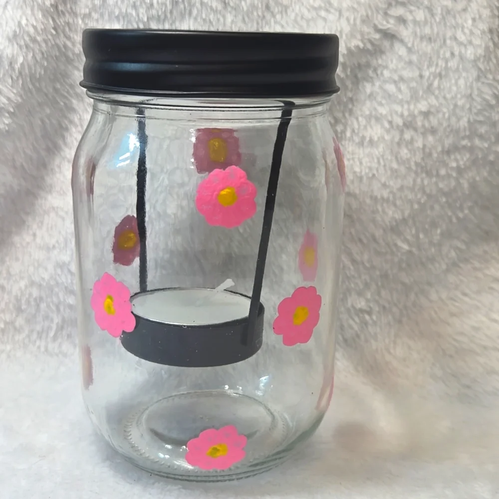 Hand Crafted Floral Painted Glass Jars with Black Lids Candle Holder